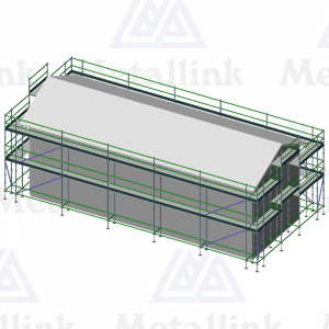 Setup diagram of a double-level 42m ringlock scaffold around a house.