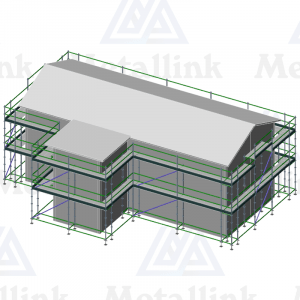 Setup diagram of a 56 lineal meter ringlock scaffolding package around a two-storey building.